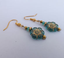 Load image into Gallery viewer, Teal &amp; Gold Flower Handmade Bead Earrings
