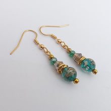 Load image into Gallery viewer, Teal &amp; Gold Glass Foild Handmade Bead Earrings
