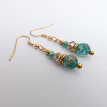 Load image into Gallery viewer, Teal &amp; Gold Glass Foild Handmade Bead Earrings
