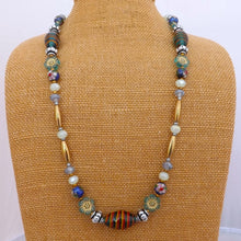 Load image into Gallery viewer, Teal, Gold &amp; Green Handmade Glass &amp; Cloisonne Bead Necklace (Made in NZ)
