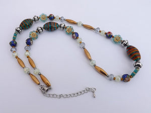 Teal, Gold & Green Handmade Glass & Cloisonne Bead Necklace (Made in NZ)