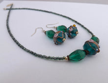 Load image into Gallery viewer, Teal &amp; Gold Handmade Lamp Work Bead Necklace &amp; Earring Set
