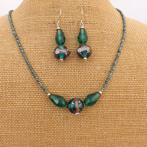 Teal & Gold Handmade Lamp Work Bead Necklace & Earring Set