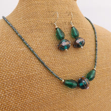 Load image into Gallery viewer, Teal &amp; Gold Handmade Lamp Work Bead Necklace &amp; Earring Set
