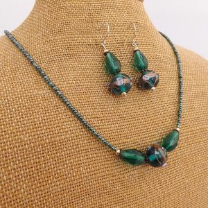 Teal & Gold Handmade Lamp Work Bead Necklace & Earring Set