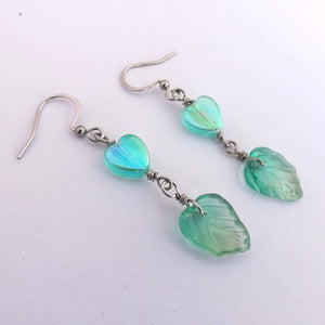 Teal & Gold Hert & Leaf Handmade Wire Wrap Bead Earrings