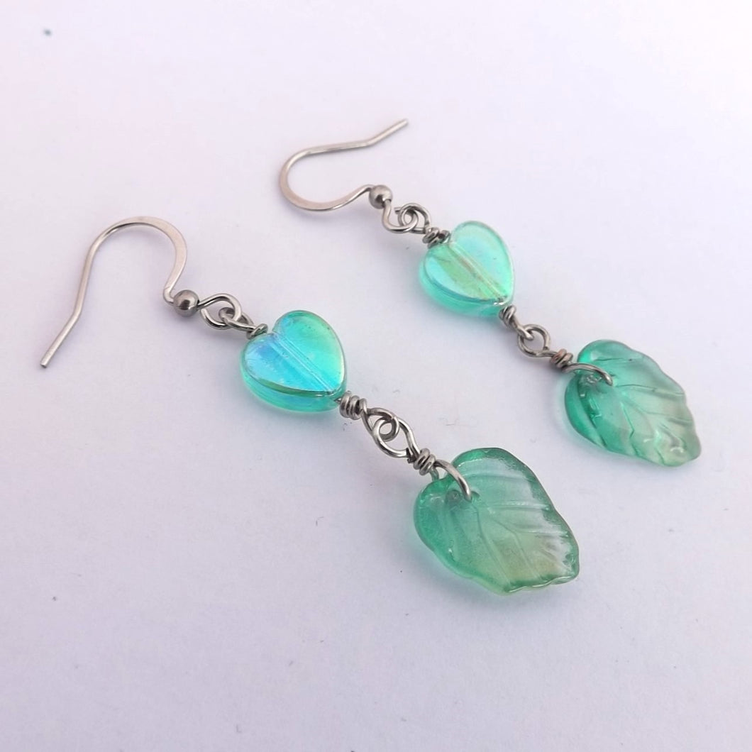 Teal & Gold Hert & Leaf Handmade Wire Wrap Bead Earrings