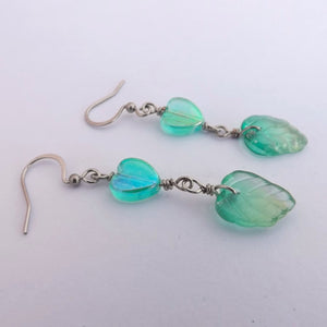 Teal & Gold Hert & Leaf Handmade Wire Wrap Bead Earrings