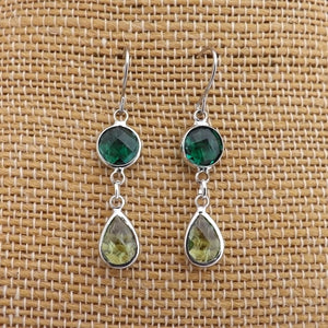 Teal & Green, Silver Tone Drop Earrings