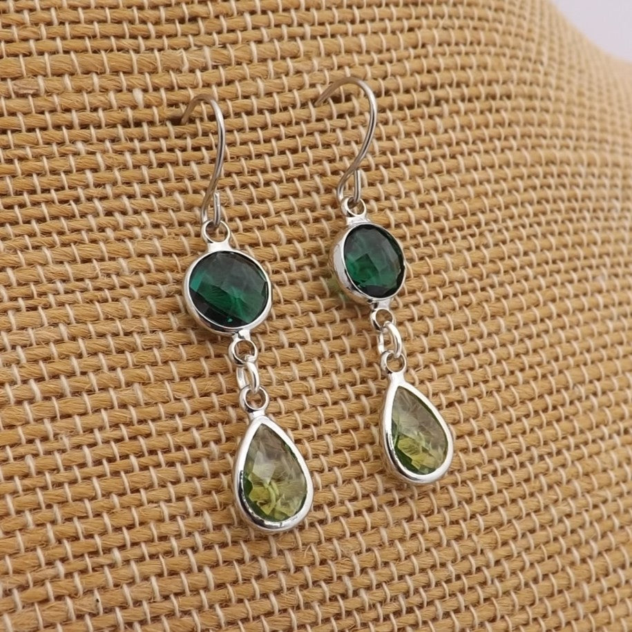 Teal & Green, Silver Tone Drop Earrings