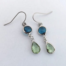 Load image into Gallery viewer, Blue, Green &amp; Silver Tone Handmade Drop Earrings
