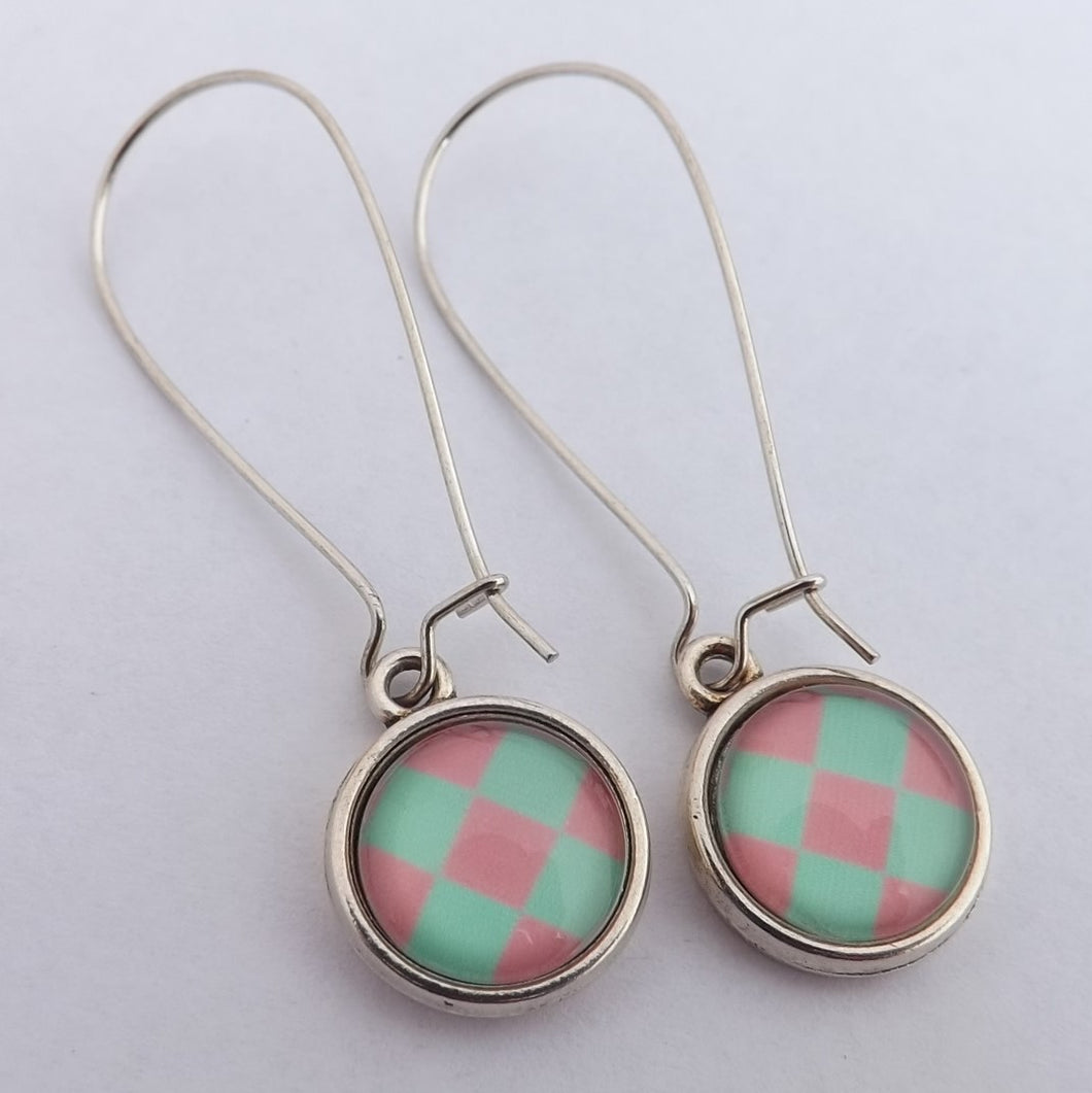 Teal & Pink Checkered Handmade Dome Earrings on Long Kidney Hooks