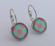 Load image into Gallery viewer, Teal &amp; Pink Checkered Dome Earrings on Lever Back Hooks

