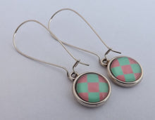 Load image into Gallery viewer, Teal &amp; Pink Checkered Handmade Dome Earrings on Long Kidney Hooks
