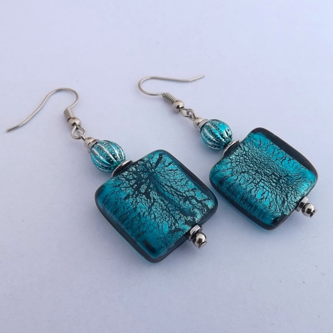 Teal Square Foil Glass Handmade Bead Earrings (Made in NZ)