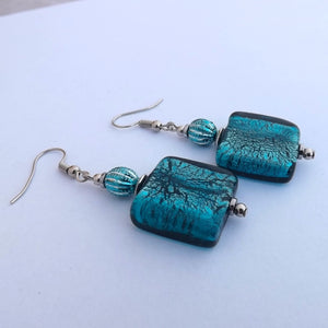 Teal Square Foil Glass Handmade Bead Earrings (Made in NZ)