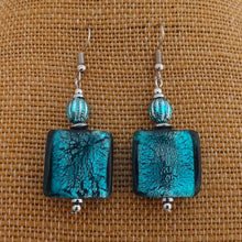 Load image into Gallery viewer, Teal Square Foil Glass Handmade Bead Earrings (Made in NZ)
