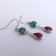 Load image into Gallery viewer, Teal &amp; Red, Silver Tone Drop Earrings
