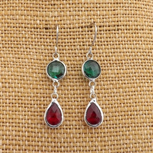 Load image into Gallery viewer, Teal &amp; Red, Silver Tone Drop Earrings
