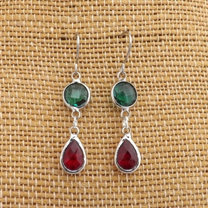 Teal & Red, Silver Tone Drop Earrings