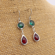 Load image into Gallery viewer, Teal &amp; Red, Silver Tone Drop Earrings
