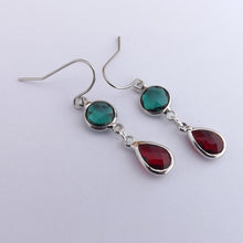 Load image into Gallery viewer, Teal &amp; Red, Silver Tone Drop Earrings
