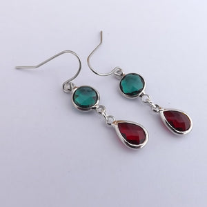 Teal & Red, Silver Tone Drop Earrings