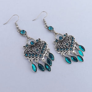 Teal & Silver Tone Chandalier Drop Earrings