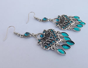 Teal & Silver Tone Chandalier Drop Earrings