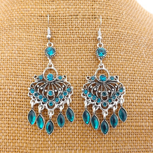 Teal & Silver Tone Chandalier Drop Earrings