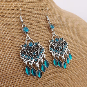 Teal & Silver Tone Chandalier Drop Earrings