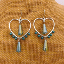 Load image into Gallery viewer, Teal &amp; Silver Tone Handmade Wire Wrapped Heart Drop Earrings
