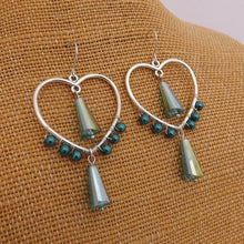 Load image into Gallery viewer, Teal &amp; Silver Tone Handmade Wire Wrapped Heart Drop Earrings
