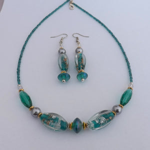 Teal, Silver & Gold Handmade Lamp Work Glass Bead Necklace & Earrings Set