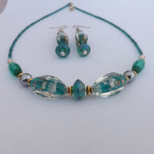 Load image into Gallery viewer, Teal, Silver &amp; Gold Handmade Lamp Work Glass Bead Necklace &amp; Earrings Set
