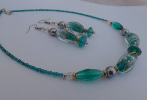 Teal, Silver & Gold Handmade Lamp Work Glass Bead Necklace & Earrings Set