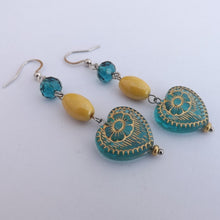 Load image into Gallery viewer, Teal, Yellow &amp; Gold Handmade Drop Bead Earrings

