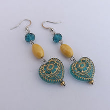 Load image into Gallery viewer, Teal, Yellow &amp; Gold Handmade Drop Bead Earrings
