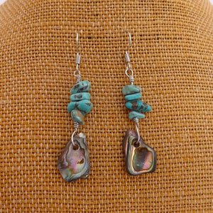 Turquoise Gemstone Chip & Paua Shell Wire Wrapped Handmade Earrings