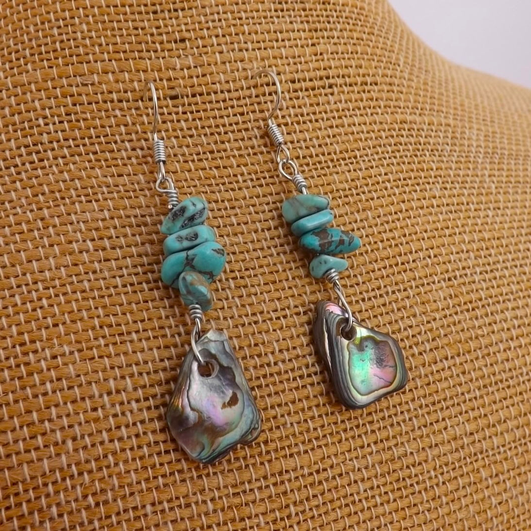 Turquoise Gemstone Chip & Paua Shell Wire Wrapped Handmade Earrings