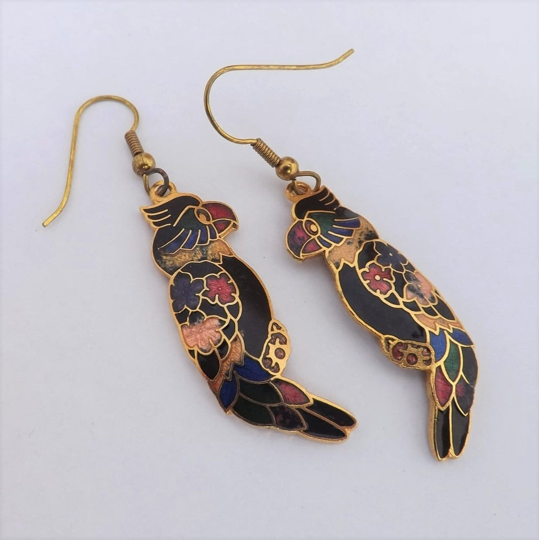 Vintage Enamel & Gold Tone Parrot Earrings