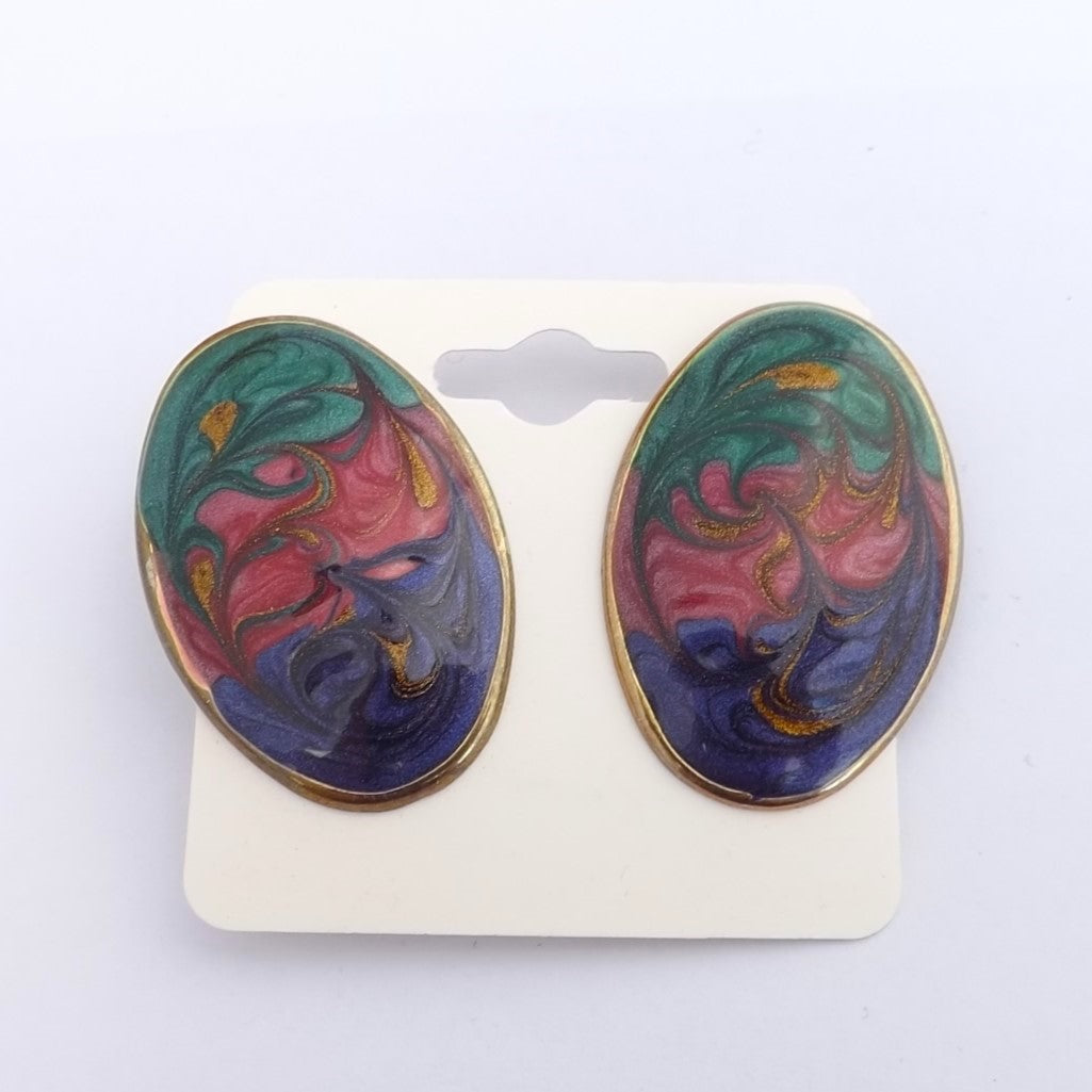 Vintage Teal, Pink & Blue Vintage Enamel Clip on Earrings