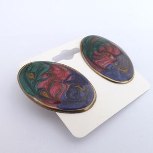 Vintage Teal, Pink & Blue Vintage Enamel Clip on Earrings