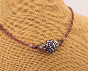 Warm Purple, Black & White Korus Kathryn Design Handmade Bead necklace