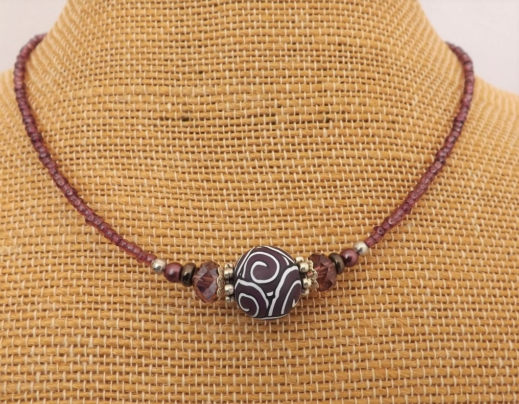 Warm Purple, Black & White Korus Kathryn Design Handmade Bead necklace