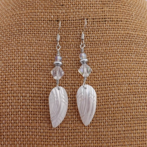 White Carved Mother of Pearl Shell & Wire Wrapped Bead Drop Earrings