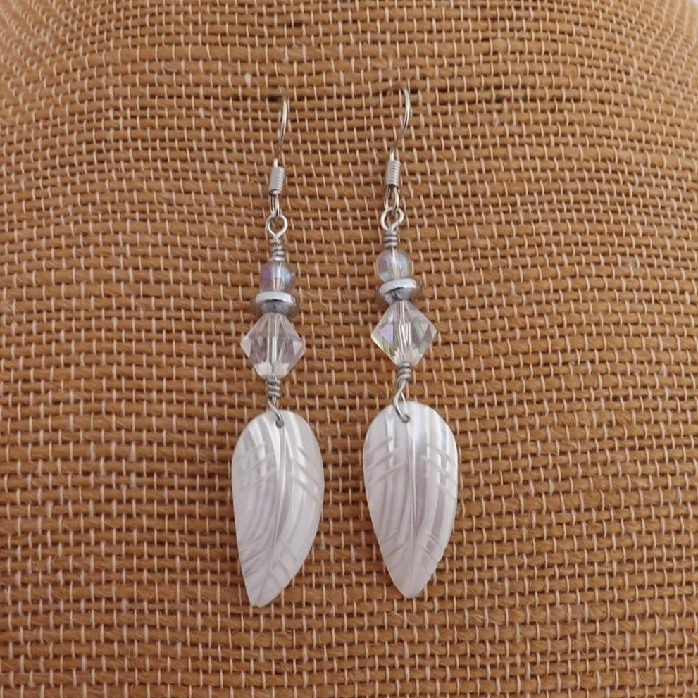 White Carved Mother of Pearl Shell & Wire Wrapped Bead Drop Earrings