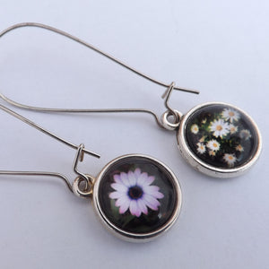 White Daisies & Purple Flower Double Sided Dome Earrings on Long Kidney Hooks