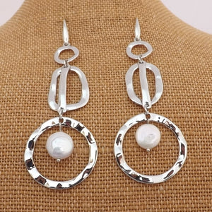 White Freshwater Pearl & Silver Tone Chunky Drop Earrings