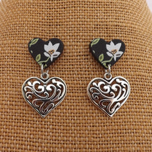 Load image into Gallery viewer, White, Black &amp; Silver Floral Heart Earrings
